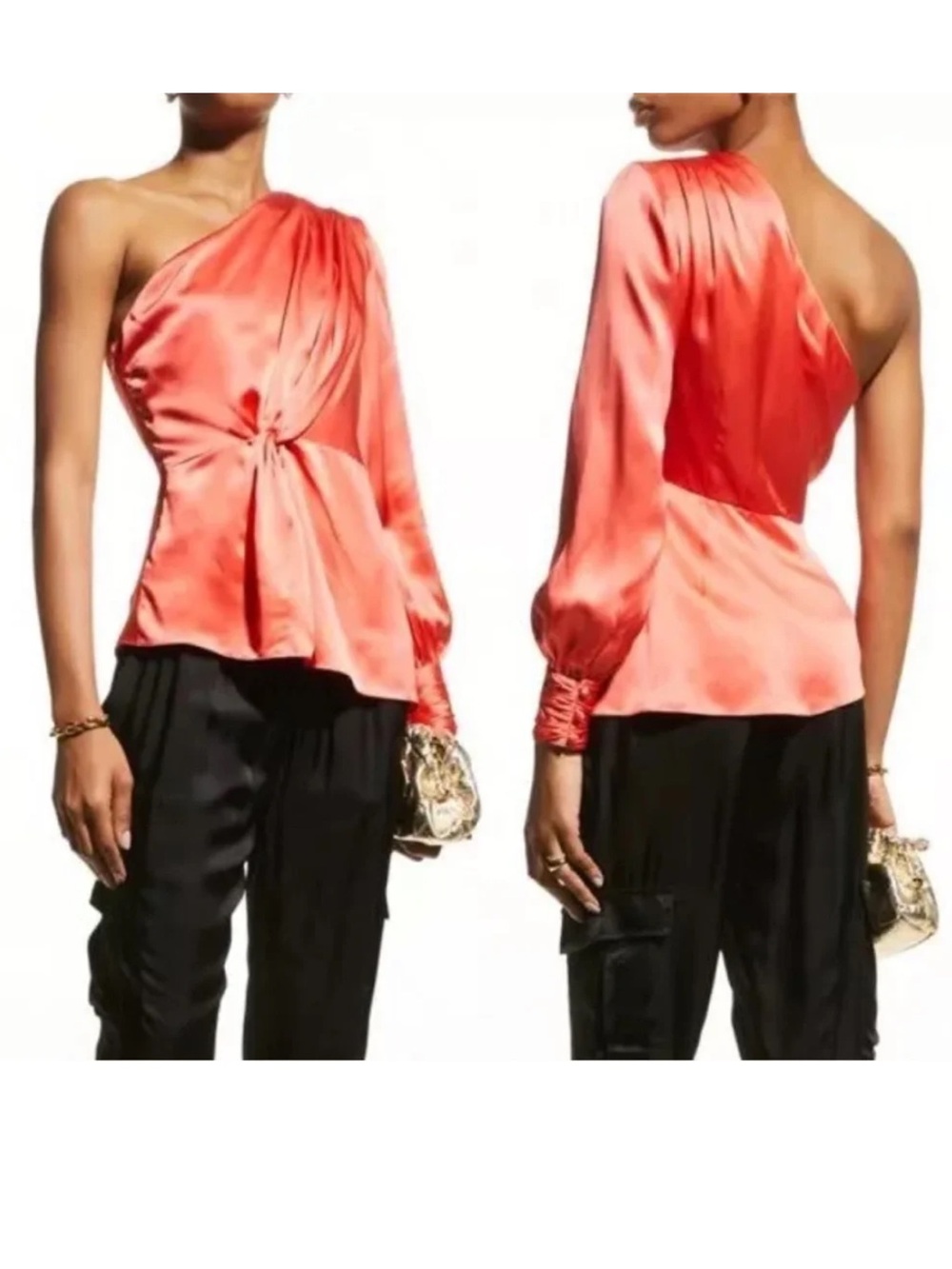 cinq a sept Coral One-Shoulder Silk Twist Blouse